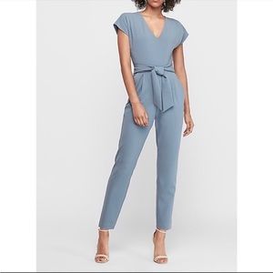 Express V-Neck Tie Waist Jumpsuit, Dusty Blue